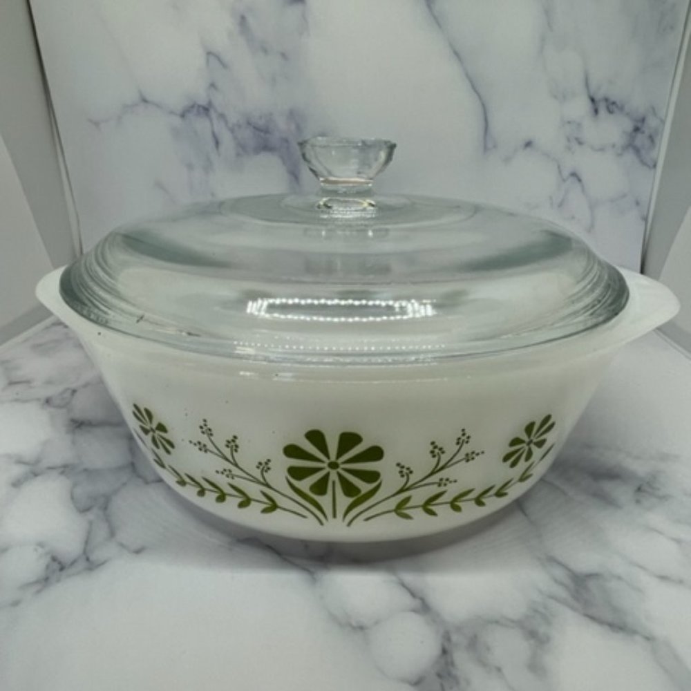 Vintage Glasbake PRIMROSE DREAM Round Green Floral Daisy Casserole with Lid